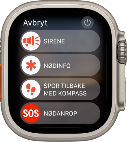 Apple Watch-skjermen med fire skyveknapper: Sirene, Nødinfo, Spor tilbake med Kompass og Nødanrop. Slå av-knappen vises øverst til høyre.