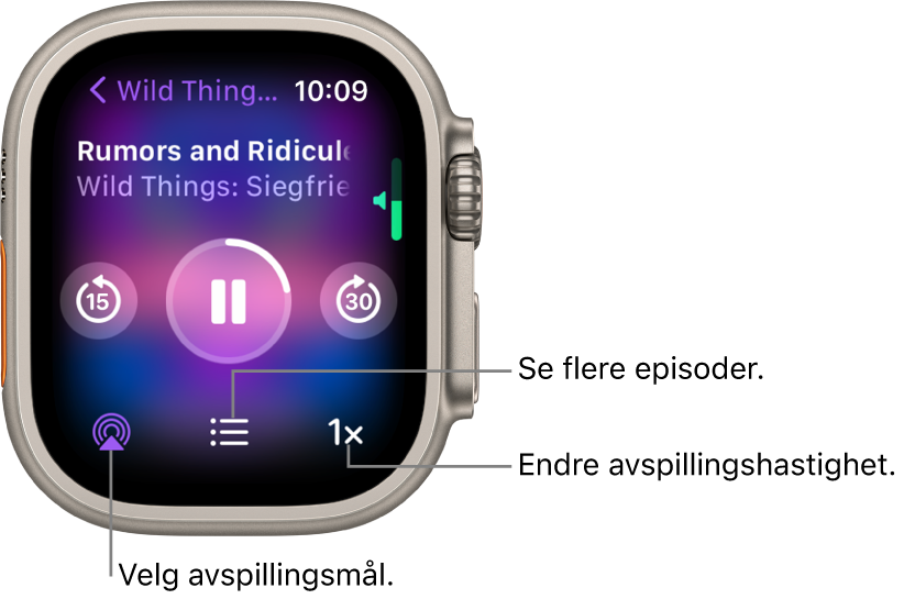 En Spilles nå-skjerm i Podkaster, med programtittel, episodetittel, dato, Gå tilbake 15 sekunder-knappen, pauseknappen, Gå fram 30 sekunder-knappen, AirPlay-knappen, episodeknappen og knappen for avspillingshastighet.