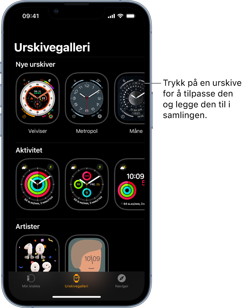 Apple Watch-appen er åpen og viser Urskivegalleri. Den øverste raden viser nye urskiver, og den neste raden viser urskiver gruppert etter type, for eksempel Aktivitet og Kunstner. Du kan rulle for å se flere urskiver gruppert etter type.