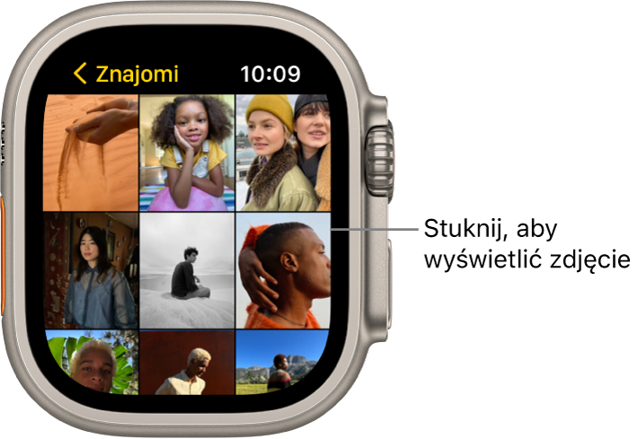 Główny ekran aplikacji Zdjęcia na Apple Watch, przedstawiający kilka zdjęć wyświetlonych w postaci siatki.