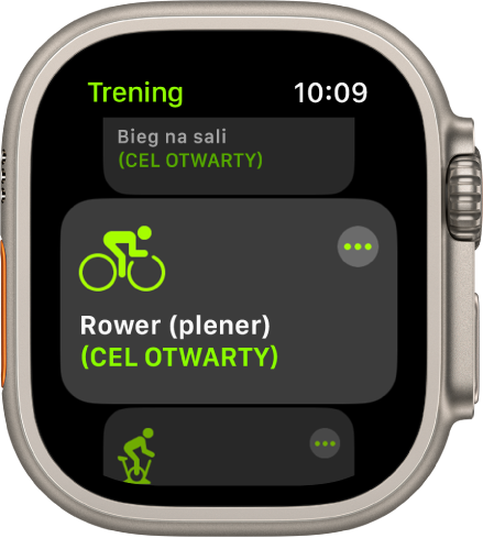 Ekran aplikacji Trening z wyróżnionym treningiem Rower (plener).