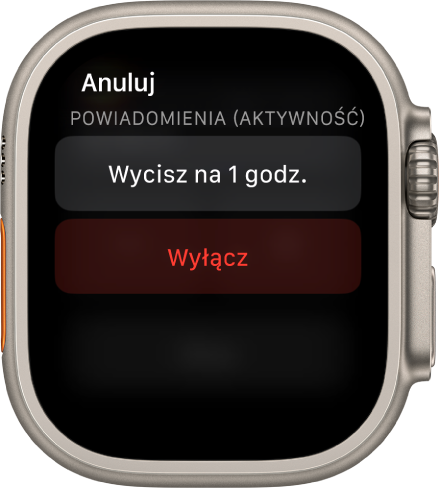 Ustawienia powiadomień na Apple Watch. U góry znajduje się przycisk Wycisz na 1 godz. Poniżej widoczny jest przycisk Wyłącz.