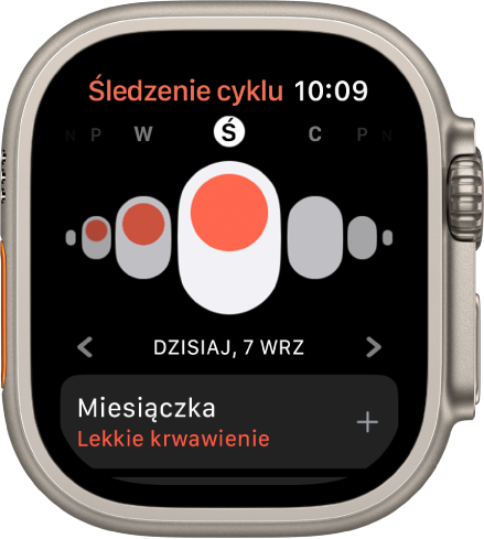 Apple Watch wyświetlający ekran śledzenia cyklu.