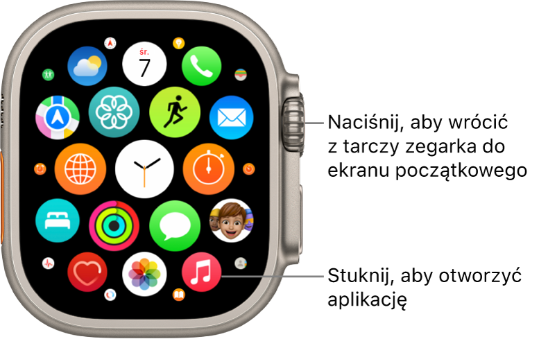 Ekran początkowy Apple Watch w widoku siatki, zawierający grupę aplikacji. Stuknij w daną aplikację, aby ją otworzyć. Przeciągnij, aby zobaczyć więcej aplikacji.