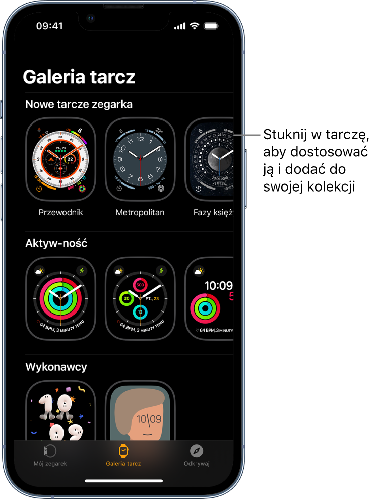 Aplikacja Apple Watch wyświetlająca galerię tarcz. W górnym wierszu wyświetlane są nowe tarcze, a poniżej tarcze uporządkowane według typu, na przykład Aktywność i Artyści. Możesz przewijać, aby zobaczyć więcej tarcz uporządkowanych według typu.
