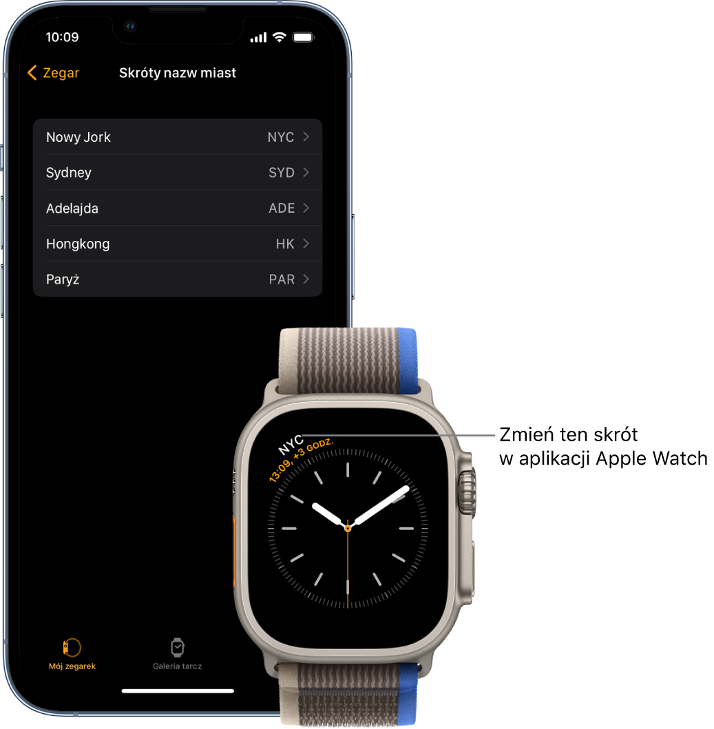 iPhone oraz Apple Watch. Apple Watch wyświetla godzinę w Nowym Jorku, oznaczonym skrótem NYC. Na ekranie iPhone’a widoczna jest lista miast pod etykietą Skróty nazw miast, znajdującą się w ustawieniach zegara w aplikacji Apple Watch.