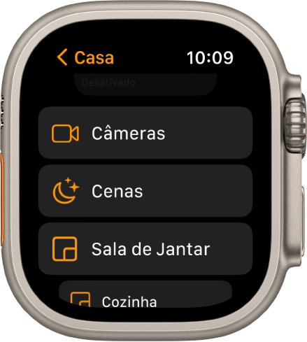 O app Casa mostrando uma lista de cômodos que inclui câmeras, um botão de cenas e dois cômodos.