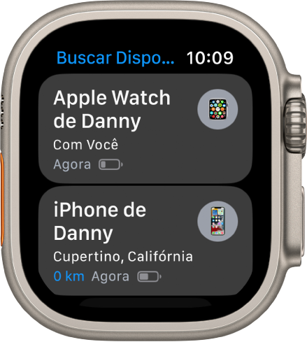 O app Buscar Dispositivos mostrando dois dispositivos: um Apple Watch e um iPhone.