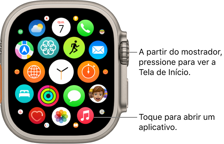 Tela de Início na visualização em grade no Apple Watch, com os apps agrupados. Toque em um app para abri-lo. Arraste para ver mais apps.