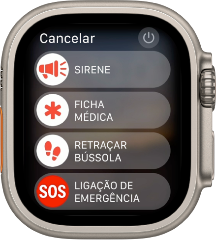 A Tela do Apple Watch mostrando quatro controles: Sirene, Ficha Médica, Retraçar Bússola e Ligação de Emergência. O botão de Força encontra-se na parte superior direita.