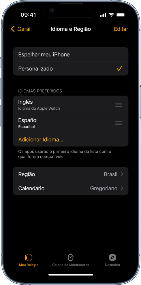 Tela de Idioma e Região no app Apple Watch, com inglês e espanhol aparecendo abaixo de Idiomas Preferidos.