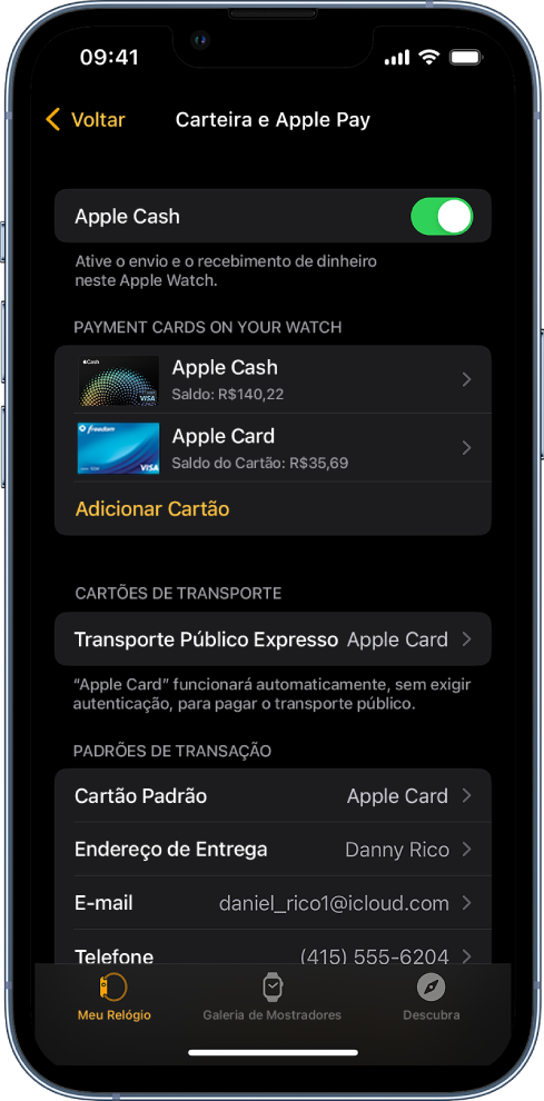 A tela “Carteira e Apple Pay” no app Apple Watch do iPhone. A tela mostra cartões adicionados ao Apple Watch, o cartão expresso escolhido para uso no transporte público e as configurações padrões de transação.