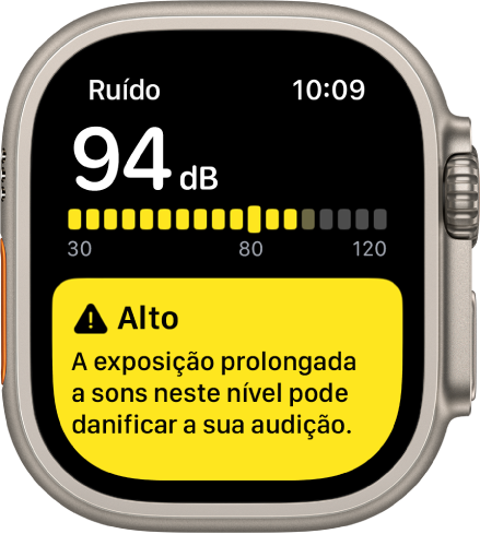 Uma notificação do app Ruído de cerca de 94 decibéis de nível de som. Um alerta sobre exposição a longo prazo a este nível de som aparece abaixo.