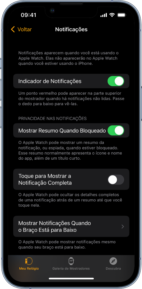 Tela de Notificações no app Apple Watch do iPhone, mostrando fontes de notificações.
