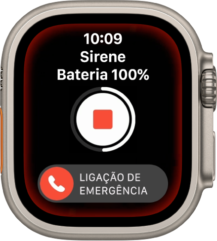 Contagem regressiva da sirene. Perto da parte superior está a carga da bateria, no meio, o botão Parar, e, na parte inferior, o controle do SOS de Emergência.