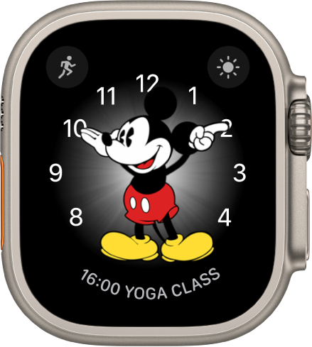Mostrador Mickey Mouse, onde várias complicações podem ser adicionadas. Ele mostra três complicações: Exercício na parte superior esquerda, Condições do Tempo na parte superior direita e Horários do Calendário na parte inferior.