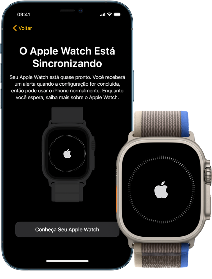 Um iPhone e um Apple Watch Ultra mostrando suas telas de sincronização.