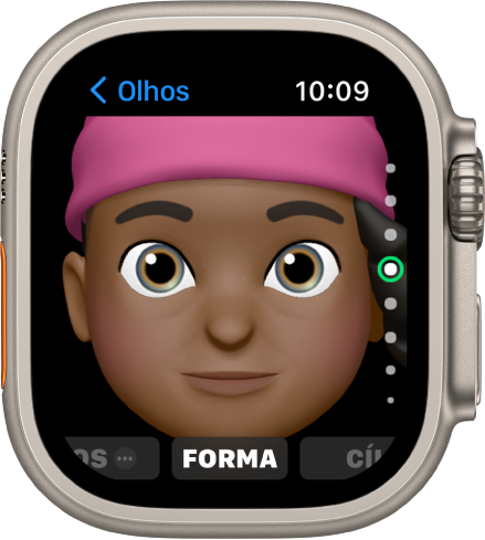 App Memoji no Apple Watch mostrando a tela de edição de Nariz. O rosto se aproxima, centralizado no nariz. A palavra Forma aparece na parte inferior.