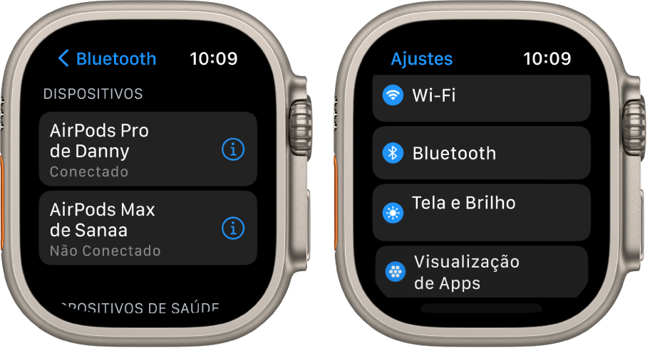Duas telas lado a lado. À esquerda está uma tela que lista dois dispositivos Bluetooth disponíveis: AirPods Pro, que estão conectados, e AirPods Max, que não estão conectados. À direita, a tela Ajustes, mostrando os botões Wi‑Fi, Bluetooth, Tela e Brilho, e Visualização de Apps em uma lista.