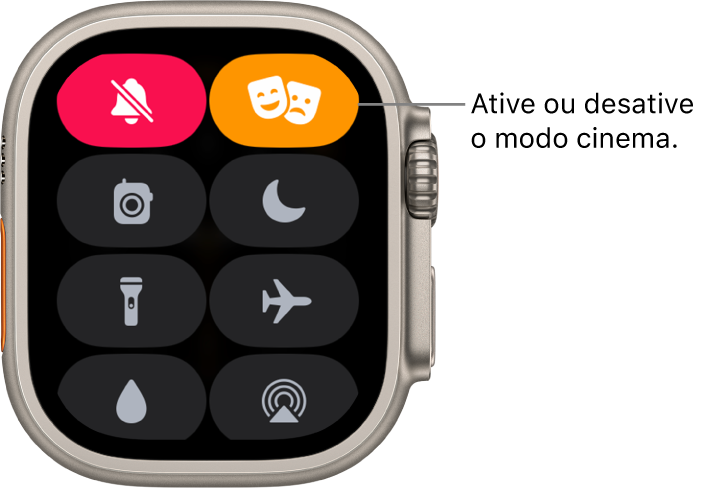 Central de Controle com os botões modo cinema e modo silencioso destacados para indicar que o modo cinema está ativado.