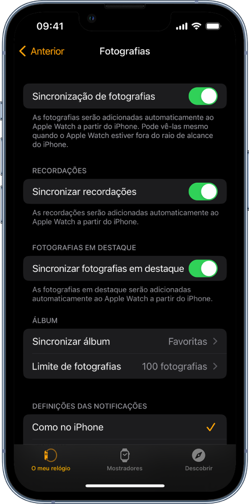 As definições das Fotografias na aplicação Apple Watch no iPhone, com a definição “Sincronização de fotografias” ao centro e a definição do “Limite de fotografias” por baixo.