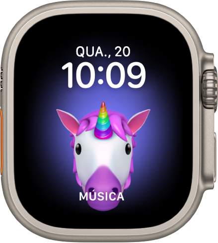 O mostrador Memoji, onde pode ajustar a personagem Memoji e uma complicação na parte inferior. Toque no ecrã para animar o Memoji. A data e a hora encontram-se na parte superior e a complicação “Música” está na parte inferior.