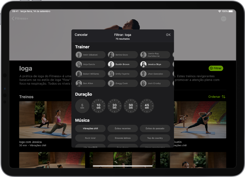 Um iPad com as opções de filtro para treinos de ioga em Fitness+.
