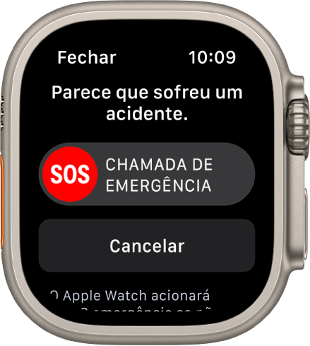 O ecrã de Deteção de acidente mostra um nivelador SOS emergência e um botão Cancelar.