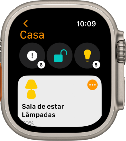 A aplicação Casa a mostrar ícones de estado na parte superior e um acessório em baixo.