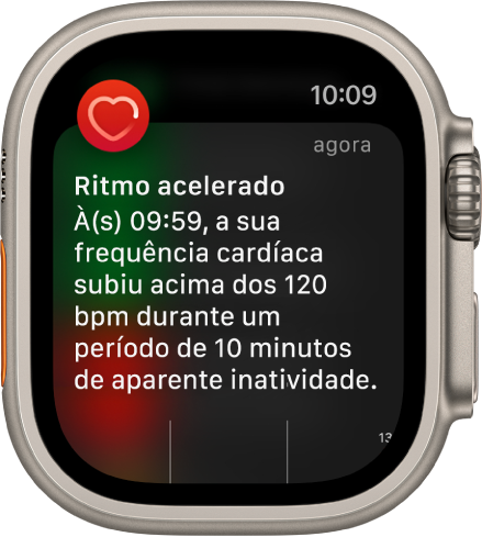 O ecrã de Ritmo cardíaco elevado, com uma notificação de que o seu frequência cardíaca ultrapassou as 120 BPM, apesar de ter permanecido inativo durante 10 minutos.