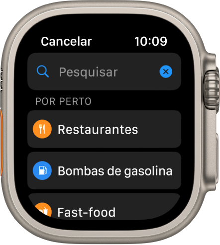 O ecrã “Pesquisar” na aplicação Mapas a mostrar o campo Pesquisar na parte superior. Sob Por perto estão os botões para restaurantes, estações de serviço e fast food.