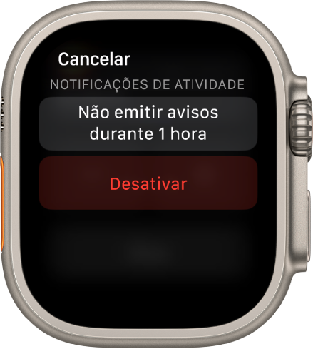 Definições de notificação no Apple Watch. O botão superior apresenta “Não emitir avisos durante 1 hora”. Por baixo encontra-se o botão “Desativar”.