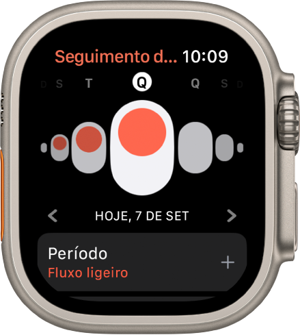 Apple Watch, com o Seguimento do ciclo no ecrã.