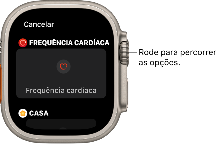 O ecrã de personalização de um mostrador com a complicação “Ritmo cardíaco” uma chamada realçada. Rode a Digital Crown para explorar complicações.