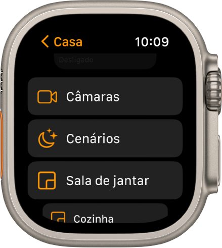 A aplicação Casa a mostrar uma lista de divisões que inclui câmaras, um botão de cenários e duas divisões.
