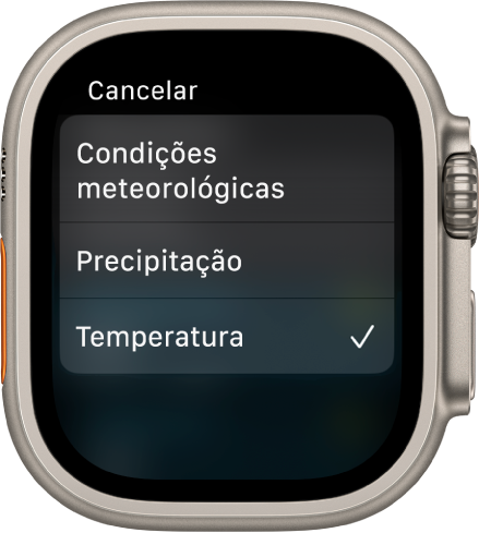 A aplicação Meteorologia com três opções numa lista: “Condições”, “Precipitação” e “Temperatura”.