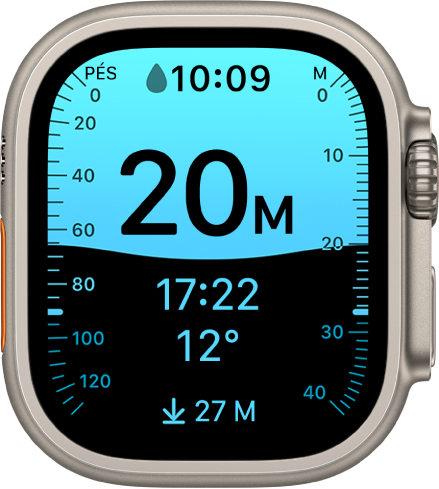 A aplicação Profundidade com a profundidade, o tempo debaixo de água, a temperatura da água e a profundidade máxima do mergulho. O lado esquerdo mostra marcadores que indicam os pés em incrementos de vinte, de zero a 120. O lado direito mostra marcadores que indicam os metros em incrementos de dez, de zero a 40.