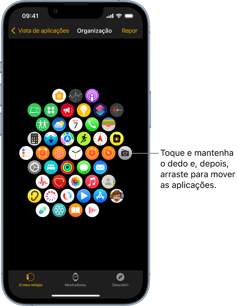 O ecrã Organização na aplicação Apple Watch, com uma grelha de ícones.