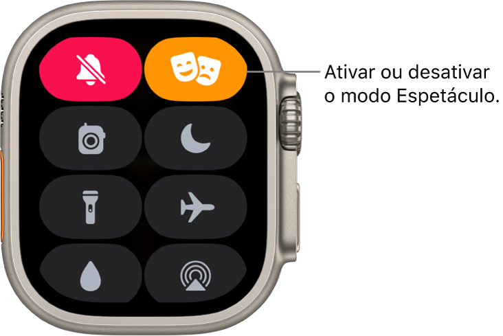 A central de controlo com os botões do modo Espetáculo e modo sem som em destaque para mostrar que o modo Espetáculo está ativo.