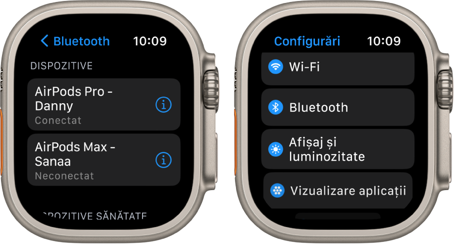 Două ecrane unul lângă celălalt. În stânga se află un ecran care listează două dispozitive Bluetooth disponibile: Căștile AirPods Pro, care sunt conectate, și AirPods Max, care nu sunt conectate. În partea dreaptă se află ecranul Configurări, afișând butoanele Wi-Fi, Bluetooth, Afișaj și luminozitate și Vizualizare aplicații sub formă de listă.
