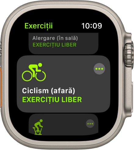 Ecranul Exerciții cu exercițiul Ciclism (afară) evidențiat.