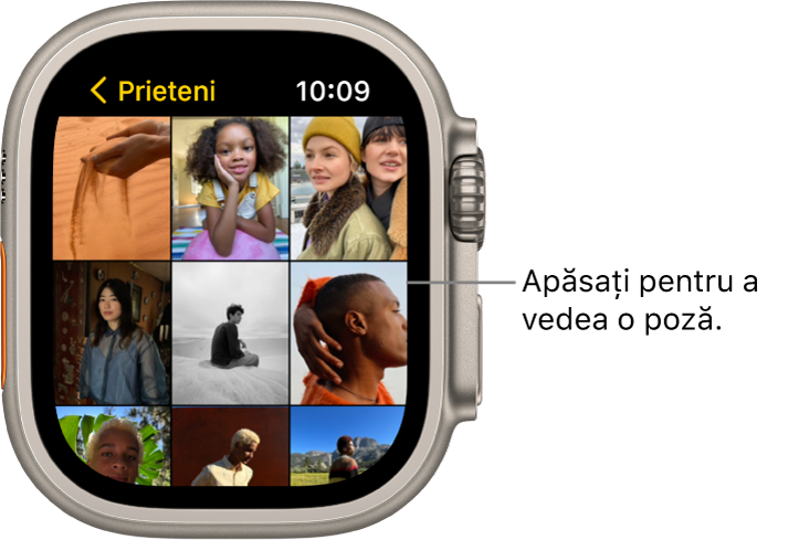Ecranul principal al aplicației Poze pe Apple Watch, având câteva poze afișate sub formă de grilă.