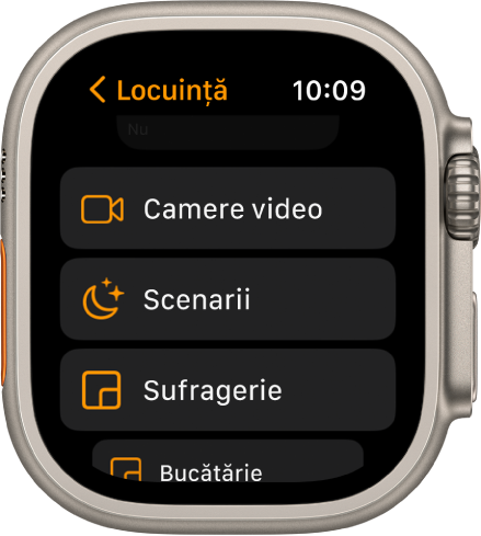 Aplicația Locuință afișând o listă care include camere video, un buton Scenarii și două încăperi.