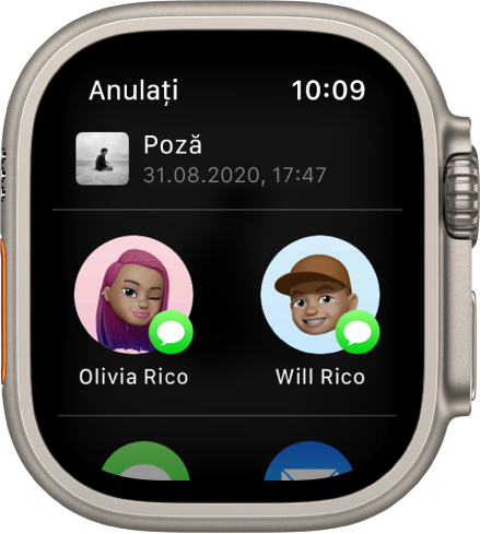 Ecranul de partajare în aplicația Poze. Poza partajată se află în partea de sus a ecranului și doi eventuali destinatari mai jos.