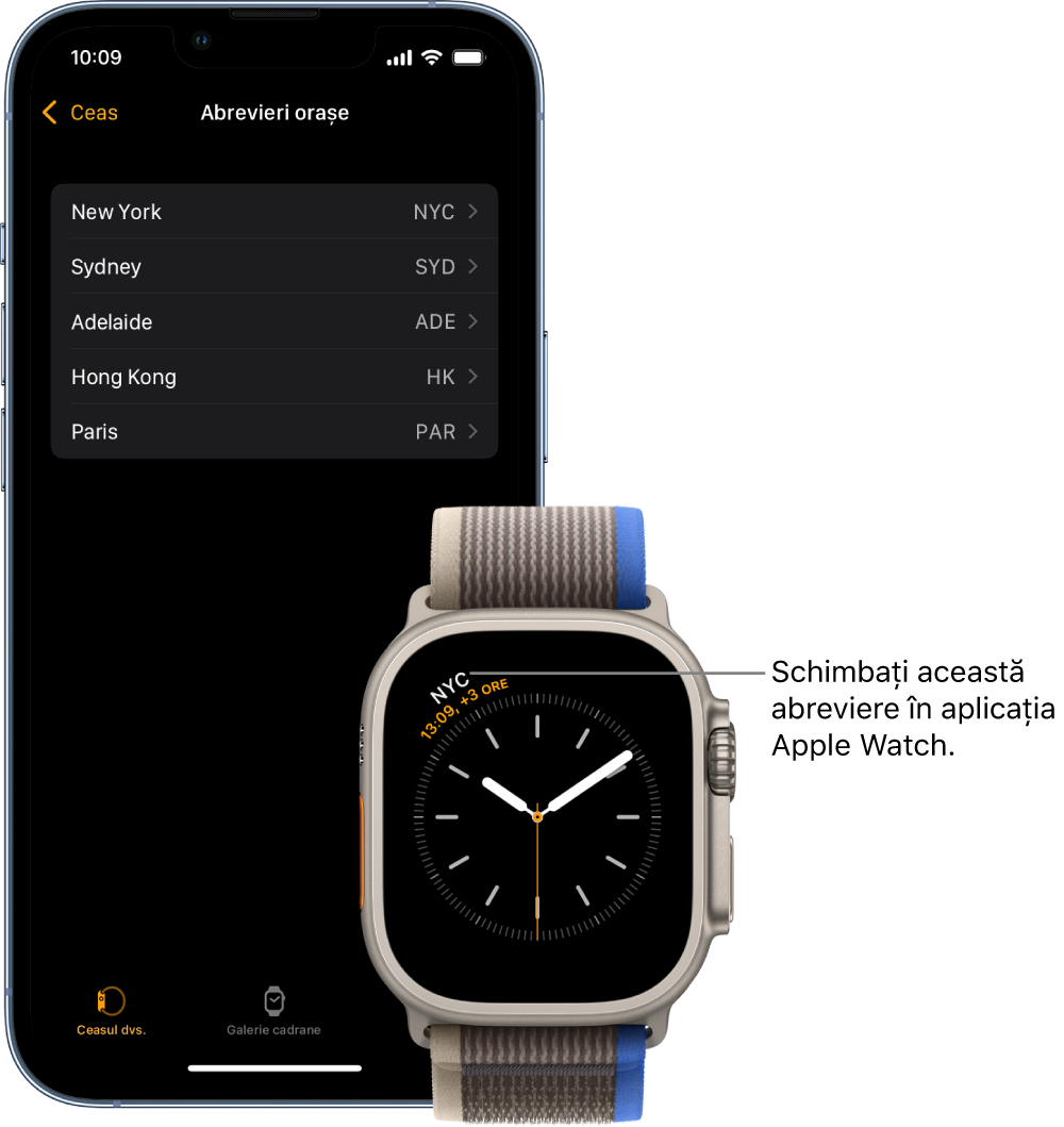 Un iPhone și un Apple Watch, unul lângă altul. Ecranul Apple Watch-ului afișează ora din New York City, utilizând abrevierea NYC. Ecranul iPhone-ului prezintă lista de orașe în configurările Abrevieri orașe, în configurările Ceas din aplicația Apple Watch.