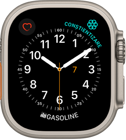 Cadranul de ceas Utilitar, unde puteți să schimbați culoarea secundarului și să ajustați numerotarea și detaliile ceasului. Apar trei complicații: Ritm cardiac în partea stângă sus, Conștientizare în partea dreaptă sus și Muzică în partea de jos.