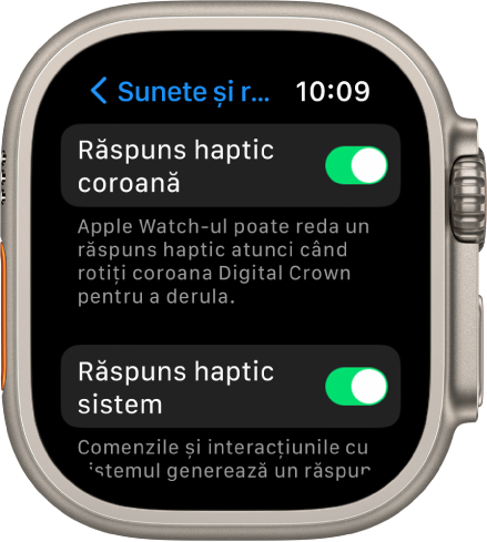 Ecranul Răspuns haptic coroană, prezentând comutatorul Răspuns haptic coroană activat. Comutatorul Răspuns haptic sistem se află dedesubt.