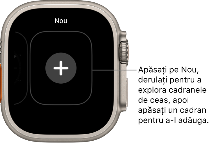Ecranul noului cadran de ceas, cu un buton plus în mijloc. Apăsați pentru adăugarea unui nou cadran de ceas.