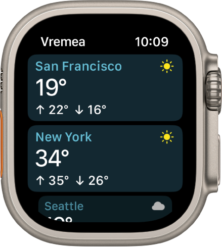 Aplicația Vremea afișând detalii despre vreme pentru două orașe dintr-o listă.