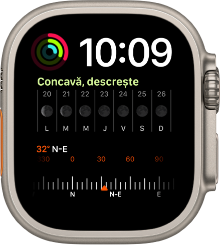 Cadranul de ceas Modular Duo, prezentând un ceas digital în dreapta sus, o complicație Activitate în stânga sus, o complicație Faza Lunii în mijloc și o complicație Busolă în partea de jos.